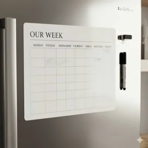A magnetic weekly planner for a refrigerator, showing a simple grid with spaces for each day of the week, helping a family organize their weekly schedule.