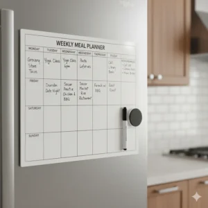 A detailed view of a weekly magnetic planner on a fridge, with sections for each day of the week to help organize tasks and meal plans.