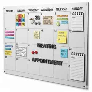 A detailed, close-up view of the weekly layout of a large magnetic calendar, with dedicated sections for each day of the week.