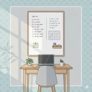 An elegant, large 36x48 dry erase board hung vertically in a minimalist home office, serving as a functional and stylish memo board.