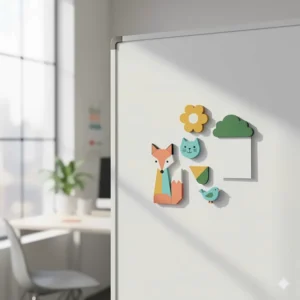 A collection of unique whiteboard magnet holders shaped like animals and geometric patterns, adding a decorative touch.