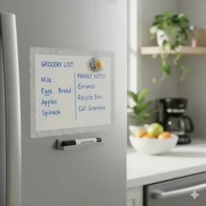 A small, pre-cut whiteboard sticker sheet on a kitchen refrigerator, perfect for grocery lists and family notes.