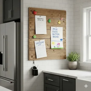 A rustic wooden magnetic board hangs in a modern kitchen, serving as a convenient spot for recipes, grocery lists, and family reminders.