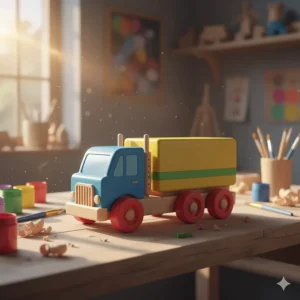 Handcrafted wooden semi truck toy painted with non-toxic, bright colors, emphasizing eco-friendly play options.
