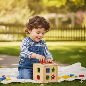 A classic wooden shape sorter, an ideal learning toy for 2-year-olds to develop problem-solving skills.