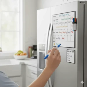 A hand using a vibrant blue dry erase marker to write a reminder on a white magnetic calendar grid, demonstrating the smooth writing surface.