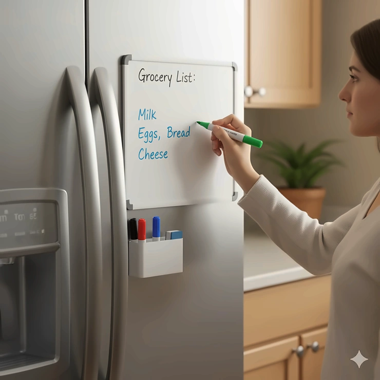 A person writing a grocery list with a colorful dry-erase marker on a magnetic board attached to a fridge. magnetic marker board for refrigerator