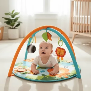 An activity mat with soft arches and stimulating hanging objects, providing versatile good toys for tummy time exploration.
