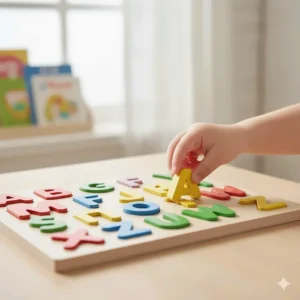 A bright alphabet puzzle being completed by a small hand, one of the best educational toys for preschoolers learning letter recognition.