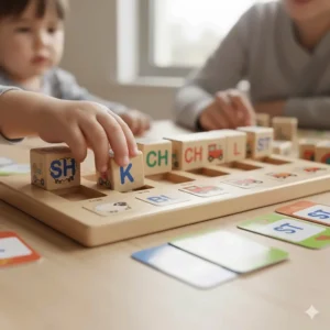 Close-up of a wooden articulation toy set, featuring cards with consonant sounds, an effective speech therapy toy.
