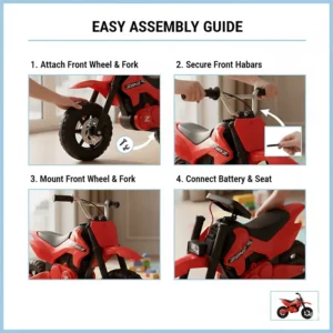 Step-by-step diagram illustrating the simple assembly process for a popular toy dirt bike model.