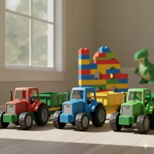 An array of blue, red, and green **toy tractor trailer** toys, showcasing the different color options available.