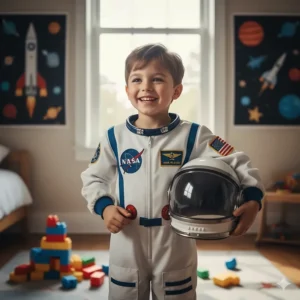 A young boy happily wearing a white and blue astronaut costume, holding a small toy helmet.