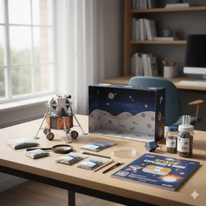An educational astronaut science kit with space exploration tools and a detailed model.