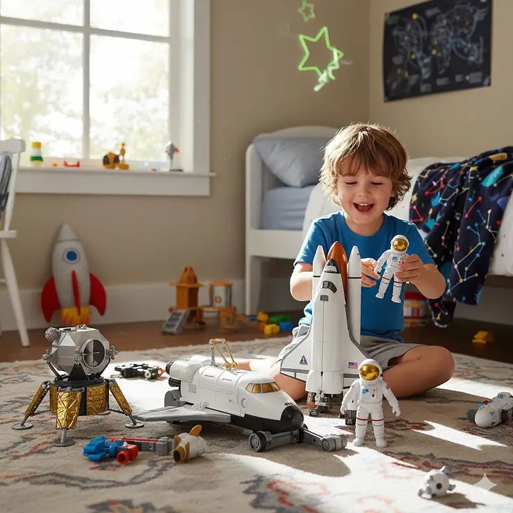 A child playing excitedly with a large, detailed astronaut toy set in their bedroom.