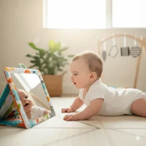An infant intently focused on a safe floor mirror, which is a simple and effective good toy for tummy time engagement.