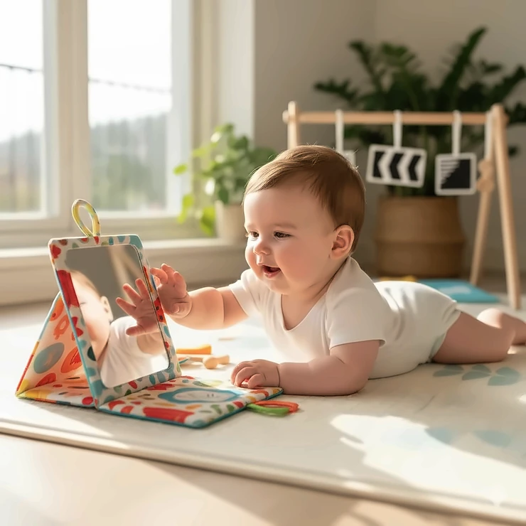 A happy baby enjoying tummy time while looking at a high-contrast mirror toy, demonstrating a good toy for tummy time development.