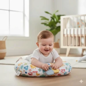 A baby comfortably using a supportive U-shaped pillow, a helpful accessory that makes tummy time easier and more fun.