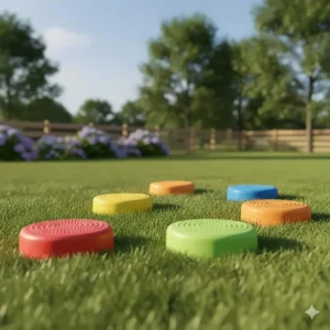 Colorful set of plastic stepping stones arranged on a lawn to encourage climbing and balance skills.