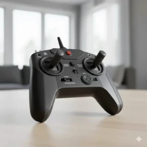 The simple, easy-to-use controller (transmitter) for a beginner-level RC helicopter, with labeled joysticks.