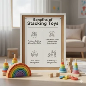 Infographic outlining the key developmental benefits of stacking toys, including problem-solving and hand-eye coordination.