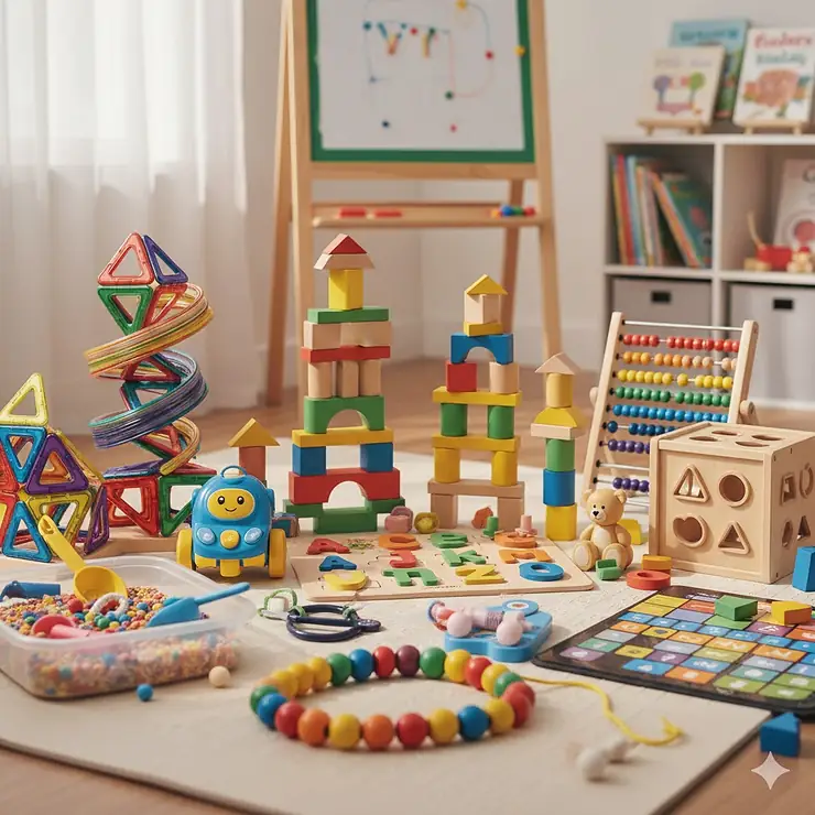 A colorful collection of educational toys for preschoolers, including stacking blocks, puzzles, and a wooden shape sorter, promoting early learning.