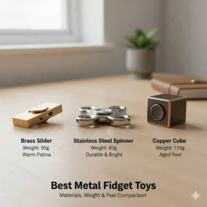 A graphic comparing the materials (brass, copper, stainless steel) and weights of different top-rated metal fidget toys.