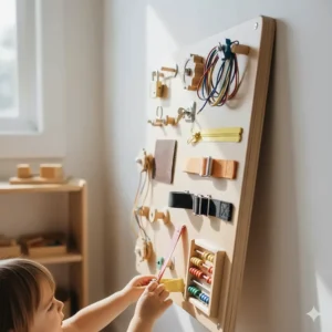 A detailed sensory activity board with locks, latches, and zippers, considered among the **best Montessori toys** for developing sensory awareness.