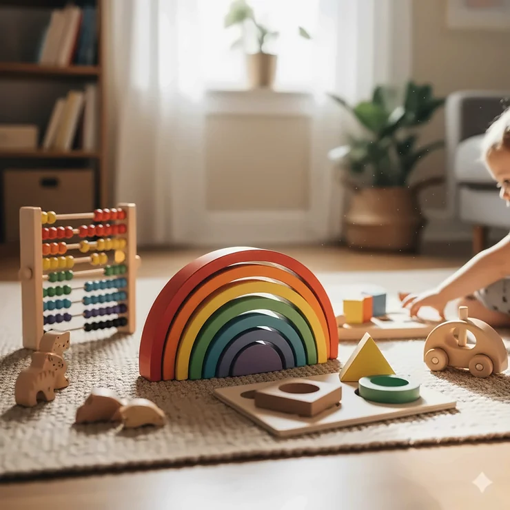A collection of the **best Montessori toys** for toddlers, including a classic wooden rainbow stacker and geometric puzzle blocks.