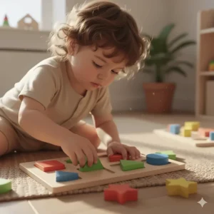 A toddler carefully placing a wooden shape into a chunky geometric puzzle, highlighting excellent **Montessori toys** for problem-solving.