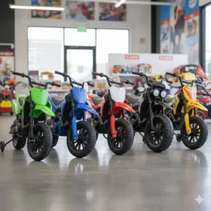 A row of the best toy dirt bikes available in stores, suitable for young boys aged 5-10.