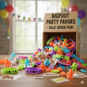 A fun pile of small Bigfoot trinkets and toys, ideal for party favors or carnival prizes when purchased in bulk.