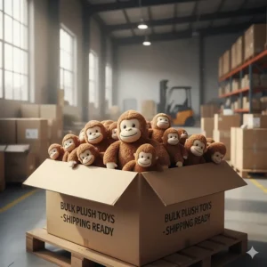 Bulk quantity of soft, brown Bigfoot plush toys neatly packaged and ready to ship, highlighting the quality of the materials.