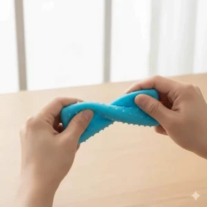 Image demonstrating the high durability and flexibility of a specific sensory bite toy, highlighting its resistance to strong biting.