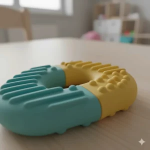 Close-up detail showing the varied textures of a silicone sensory bite toy, including ridges and bumps for different oral input.