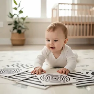 Set of black and white high-contrast cards, essential good toys for tummy time to stimulate newborn vision and focus.
