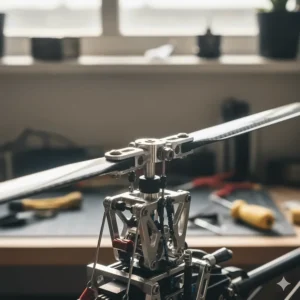 A technical view of the main rotor blade assembly on an advanced RC toy helicopter.