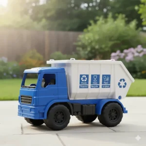 A blue and white recycling dumpster truck toy with clear instructions on the side for sorting.