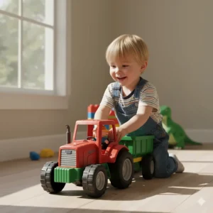Happy child playing outdoors with a large, durable plastic **toy tractor trailer** set.