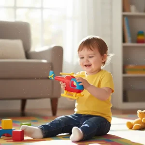 A happy child on the floor playing with a simple, safe plastic helicopter toy for toddlers.