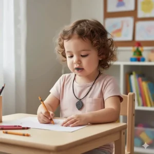 An older toddler wearing and gently biting a discreet sensory bite toy shaped like a pendant on a safe break-away necklace.