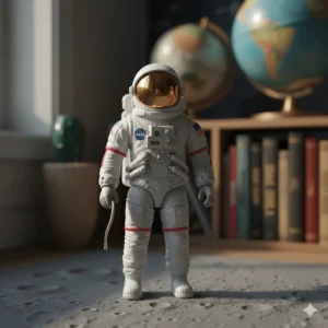 Close-up of a classic white astronaut action figure with a reflective gold visor.
