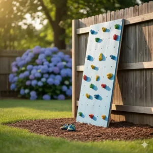 Close-up of colorful pig-nose climbing holds attached to an outdoor panel, enabling a DIY rock wall for adventurous toddlers.