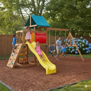 A multi-functional play set featuring a slide, a small rock wall, and a two-seat swing set, combining several outdoor climbing toys features.