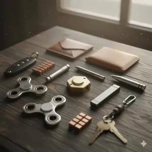 A flat lay photograph of an EDC (Everyday Carry) collection featuring several small metal fidget toys and accessories.