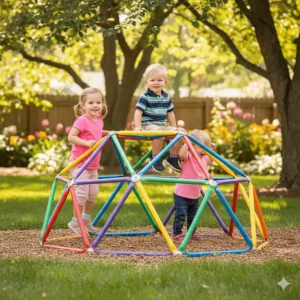Three toddlers climbing on a small, colorful geometric dome climber, excellent for developing gross motor skills in preschoolers.