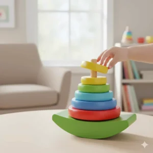 A classic colorful rocker stacker set with different sized rings on a post, a fun and engaging activity for young children.