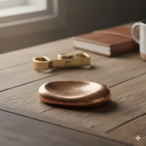 A polished copper fidget worry stone with a smooth, ergonomic shape, ideal for quiet tactile stimulation and focus.