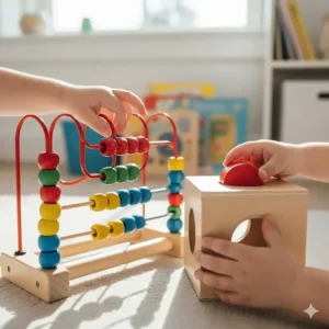 A durable counting beads and shape sorter toy, effective for teaching preschoolers basic math skills and color identification.