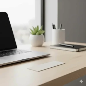 A desk with textured "calm strips" adhered near a laptop, showing a low-profile and completely silent fidget adhesive for tactile sensory input.